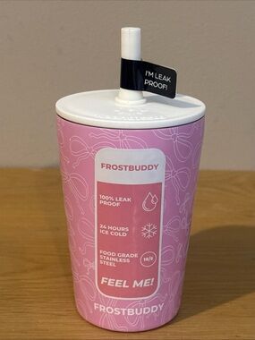 FrostBuddy​ Kids Stainless Steel Pink Bow Tumbler Cup Lid Straw NEW